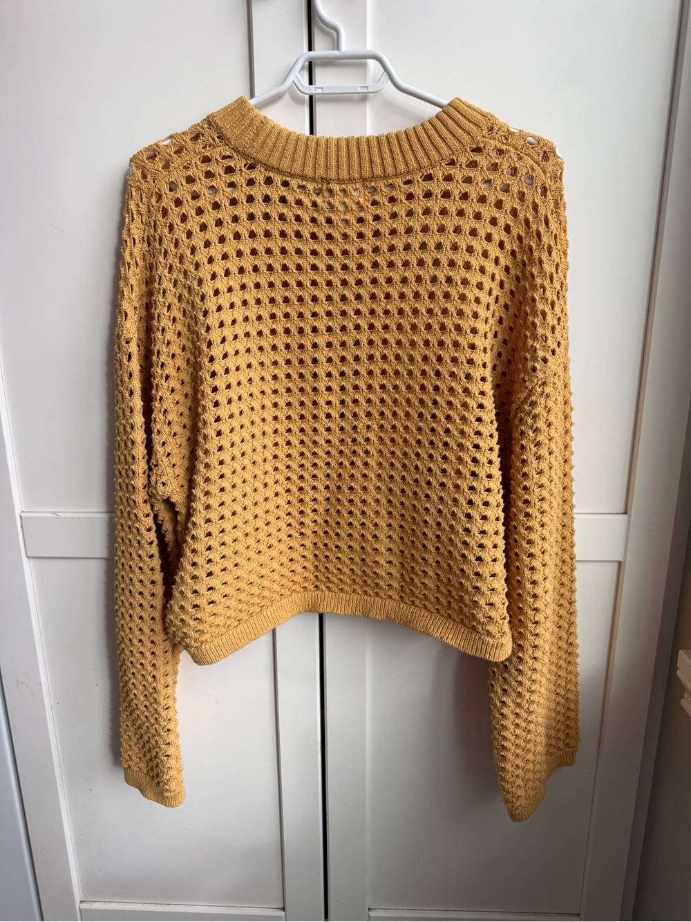 H&M Mustard Yellow Open Knit Cropped Crochet Sweater Size L Cottagecore Boho - Picture 4 of 4